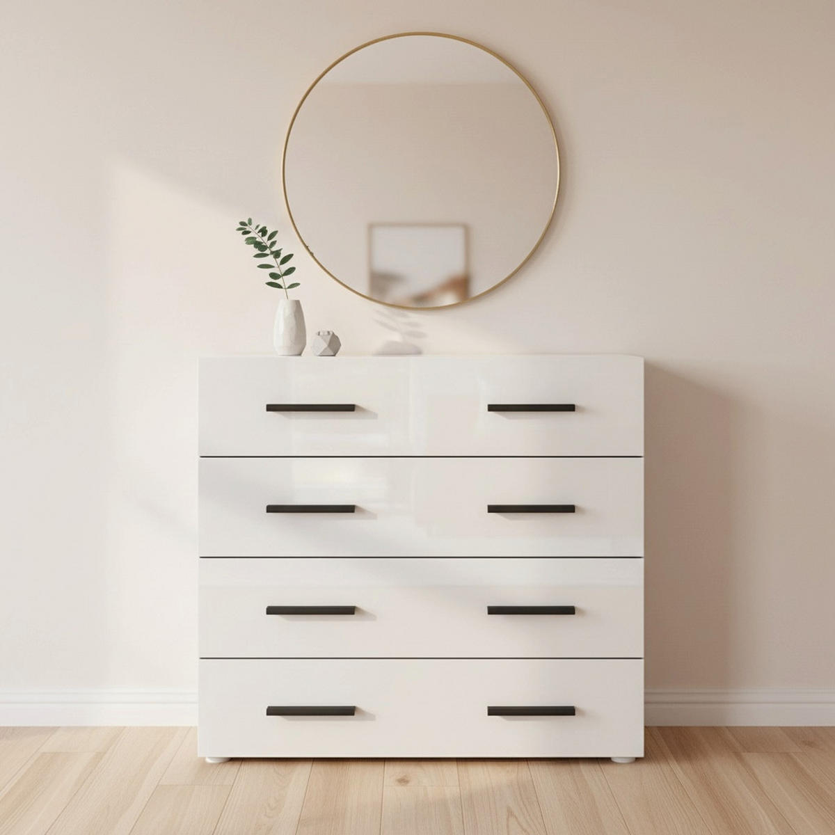 KOMMODE Den, Sideboard mit 4 Schubladen, Made in Germany, Moderner Schrank, Weiß matt / Weiß Hochglanz (76 x 72 x 35 cm) - Weiß Hochglanz, Holzwerkstoff (76/72/33cm) - InnoFurn