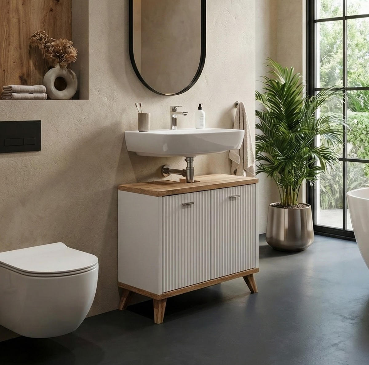 WASCHBECKENUNTERSCHRANK Colima 2 Schubladen Eiche mit Weiß - 60 x 28 x 54 cm - Weiß, Holz (60/54/28cm) - Badplaats