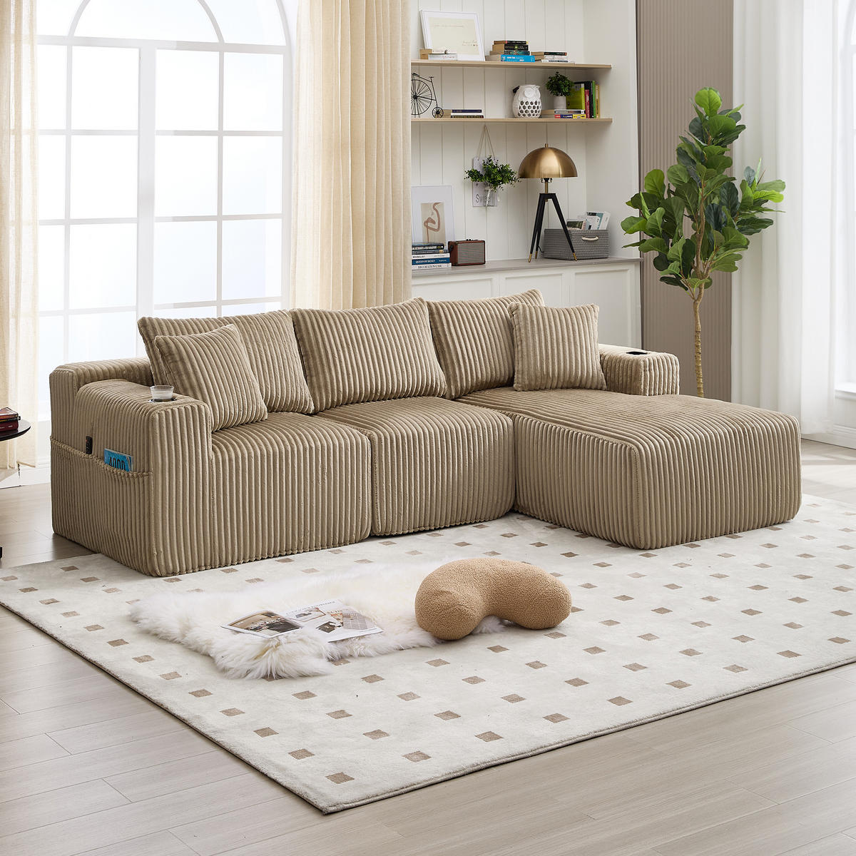 MODULARES Sofa-Set Cord mit Chaiselongue und 2-Sitzer Getränkehalter und Seitentaschen 257/90 160/62 cm Sandfarben - Sandfarben, Textil (160/257cm) - Redom