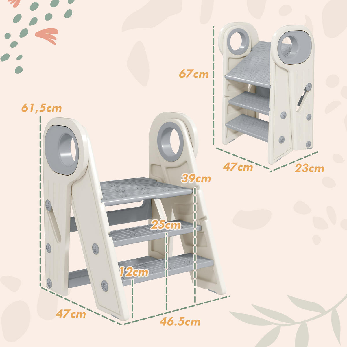 KINDERTRITTHOCKER DE-17237 3-fach höhenverstellbar & klappbar Grau - Grau, Naturmaterialien (47/61.5/46.5cm) - ComfortXL