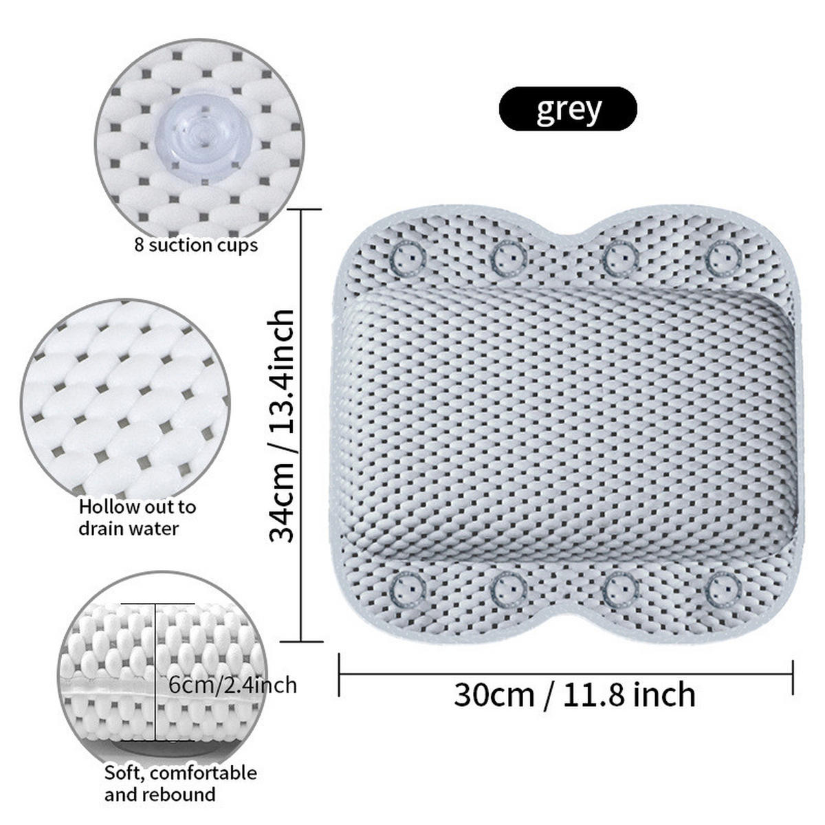 BADEKISSEN – 34 x 30 x 8 cm – Grau – 8 große Saugnäpfe - Grau, Textil (34/30cm)