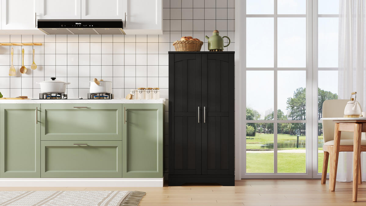 MODERNER Hochschrank aus MDF mit 3D-Wellentüren, LED-Sensorlicht und verstellbaren Regalböden, 120/60/40 cm, Schwarz - Schwarz, Holzwerkstoff (60/120/40cm) - Redom