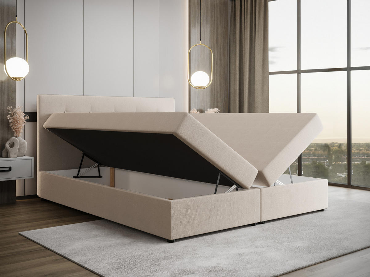 BOXBETT FADO 22 mit Matratze H3, Bonell und Topper 140x200 Cosmic 10 - Beige, Holz/Textil (140/200cm) - Bedante