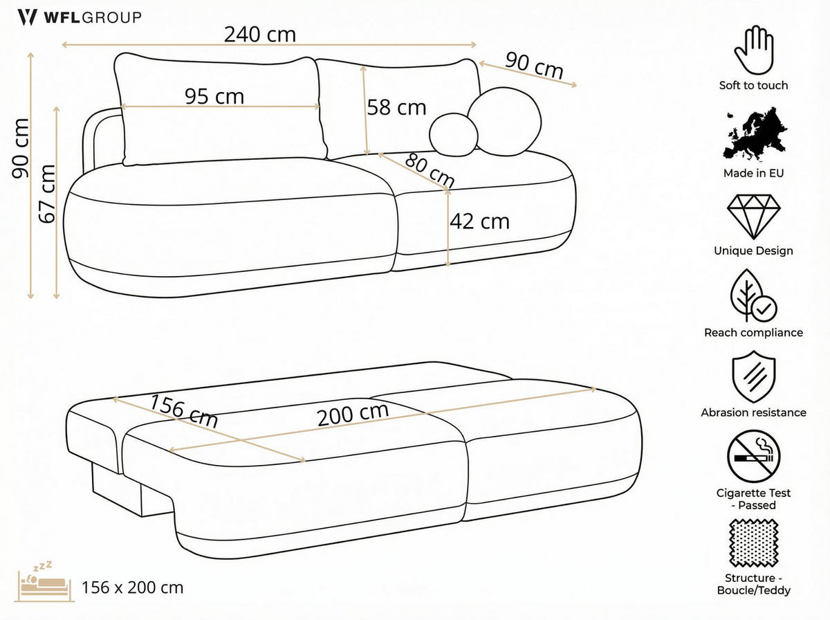 SCHLAFSOFA Bolla 3-Sitzer mit Bettkasten, Beige Boucle 240/90/90 cm - Beige/Schwarz, Kunststoff/Textil (240/90/90cm) - WFL GROUP