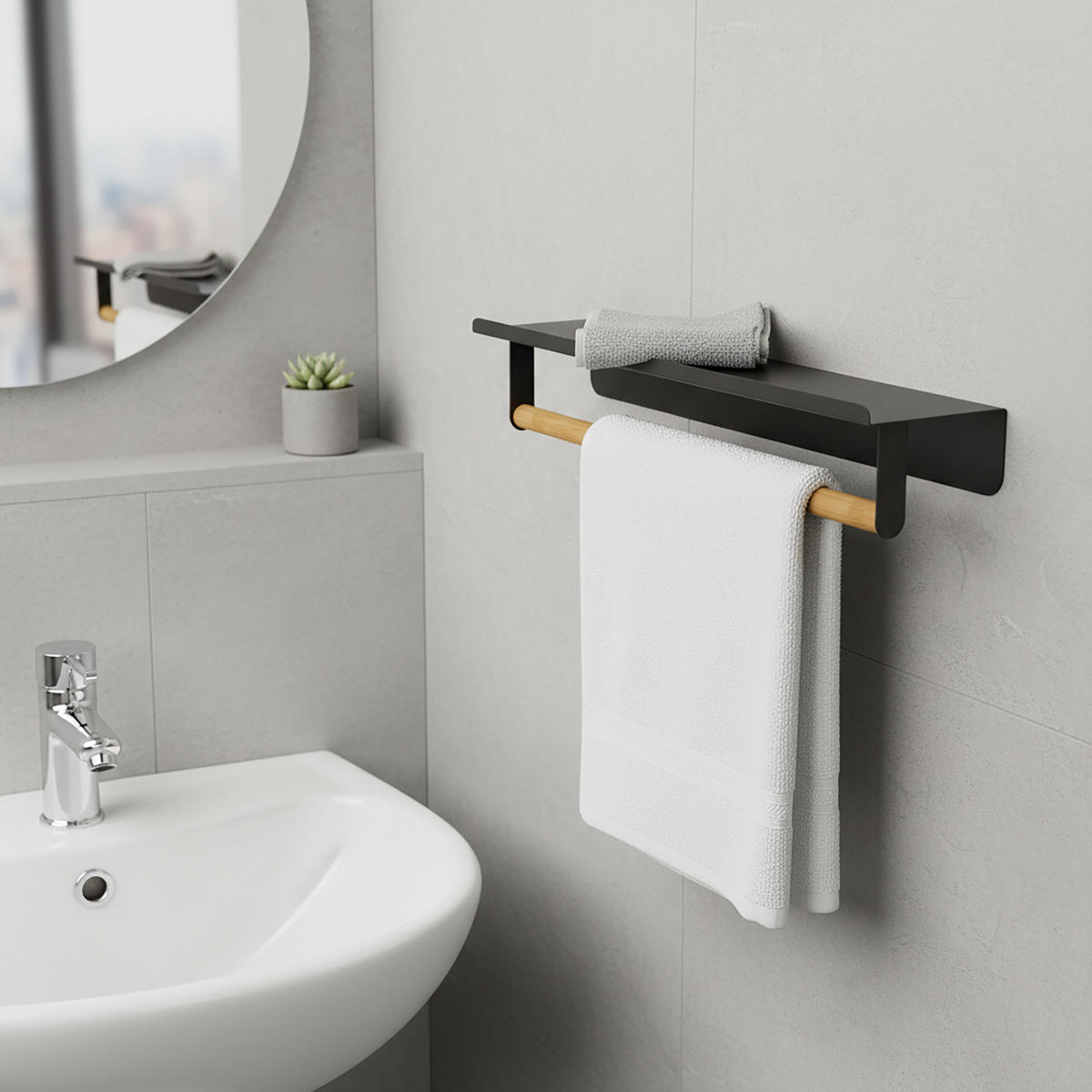 VEŠIAK na uteráky - čierna, kov/drevo (45/9/8cm) - Relaxdays