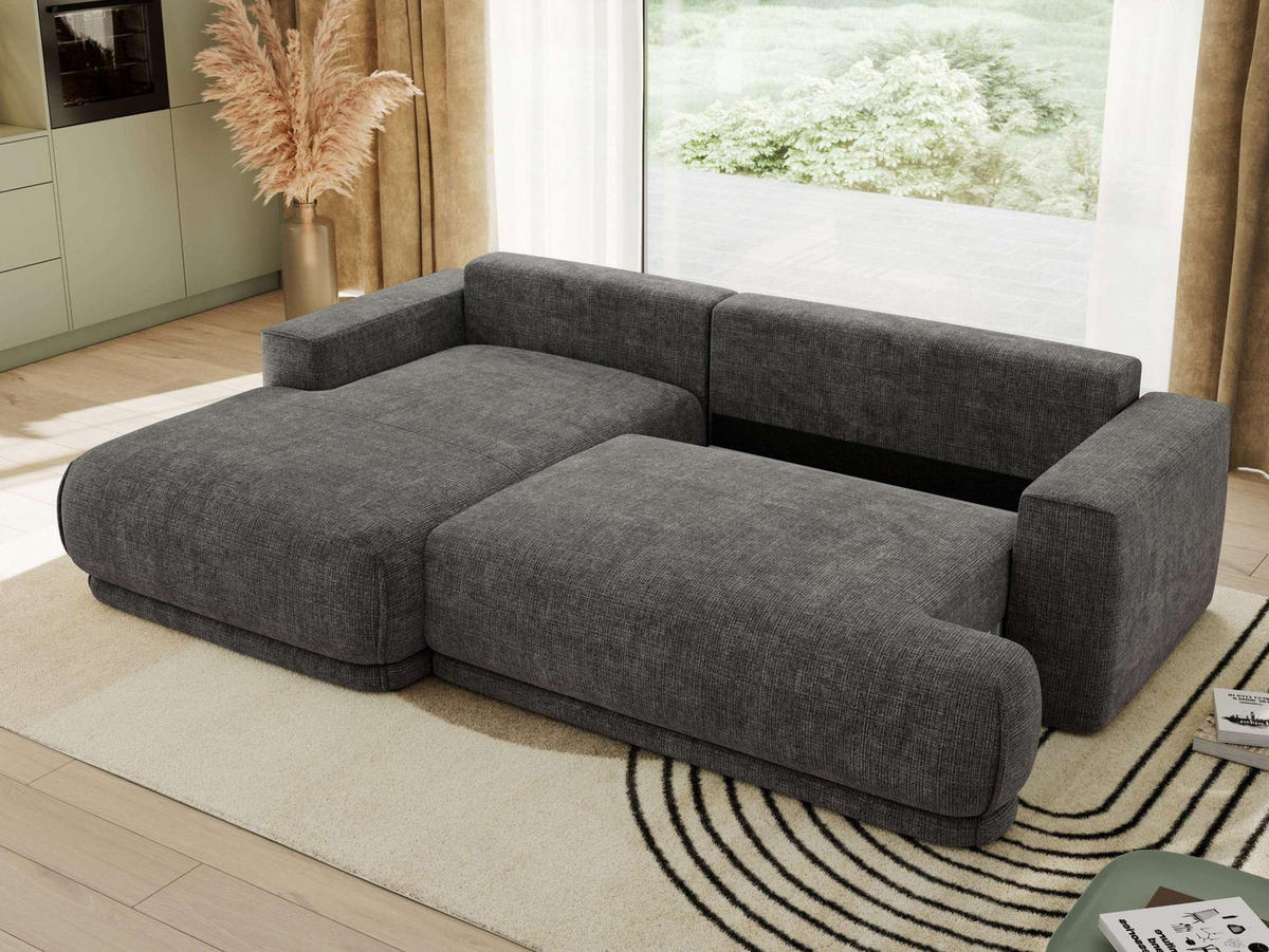 ECKSCHLAFSOFA RINA L Grau Schenille grob gewebt - links - Schwarz/Grau, Kunststoff/Textil (267/170cm) - MKS