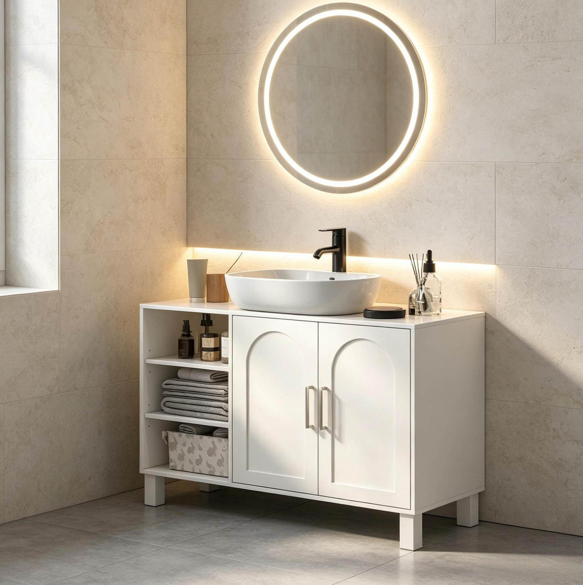 BADEZIMMERSCHRANK MDF Spanplatte 90x30x63 cm Creme Waschtischunterschrank mit Stauraum und U-Schnitt - Creme, Holzwerkstoff (90/63/30cm) - Modfu