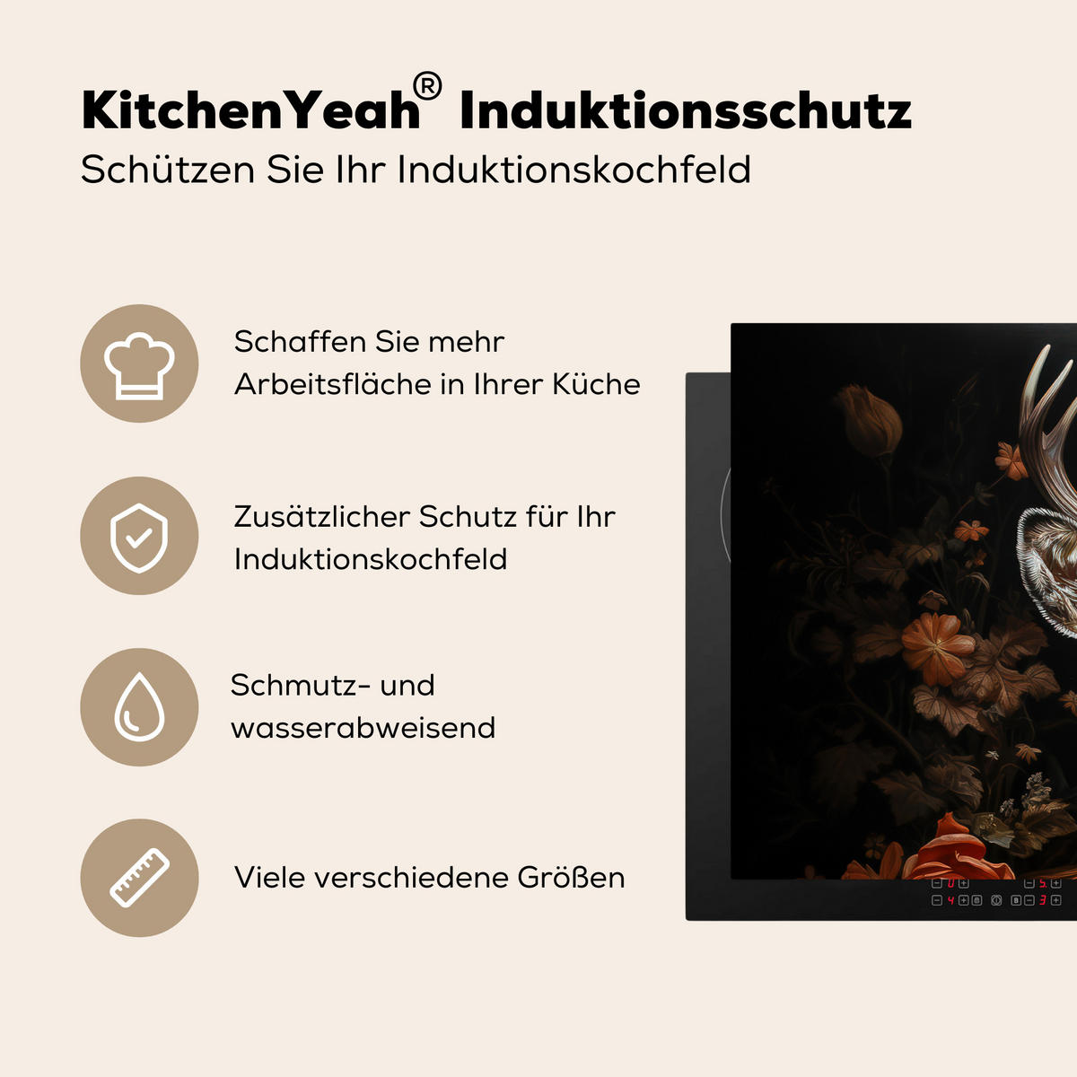 HERDABDECKPLATTE Hirsch - Tier - Blumen - Natur - Botanisch 91x52 cm - Kupferfarben, Kunststoff (91.2/0.2/52cm) - MuchoWow