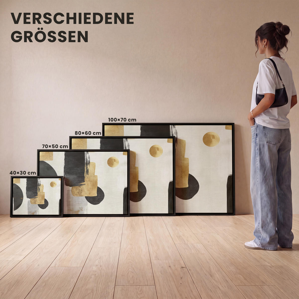 LEINWAND Bilder mit Rahmen - Gold - Rechtecke - Kreise - Abstrakt - 70x50 - Weiß, Textil (70/50cm) - MuchoWow