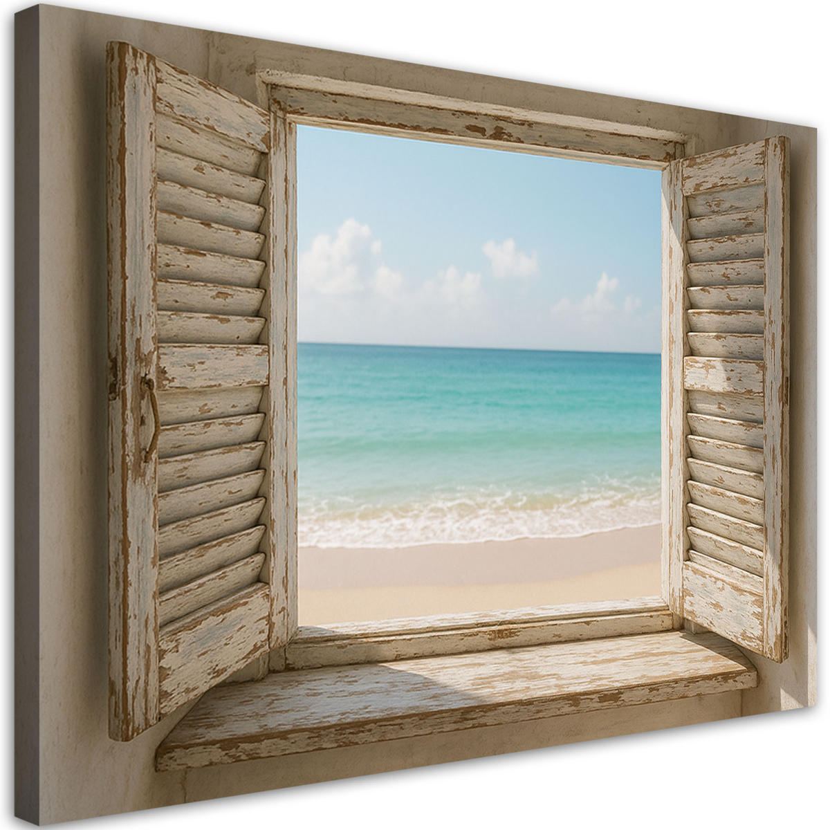 LEINWANDBILD Blick aus dem Fenster auf den Strand Shabby Chic 100x70cm - Beige, Textil (100/70cm) - Feeby