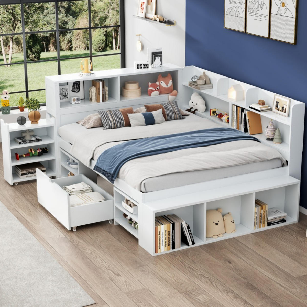 KINDERBETT 140/200 cm mit Lattenrost, Schublade, Bücherregal und Stauraum aus Sperrholz, Weiß - Weiß, Holzwerkstoff (140/200cm) - Redom