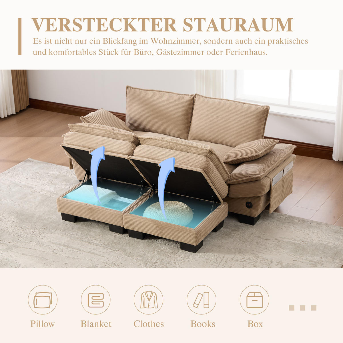2-SITZER SOFA Cord Khaki mit Hocker, USB-C und Seitentaschen - Hellbraun, Holzwerkstoff/Kunststoff (190/84/132cm) - WISHDOR