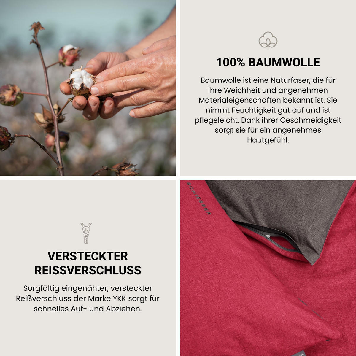 BETTWÄSCHESET Doubleface - Renforcé - 2-teilig - 135 x 200 cm - Rot-Dunkelgrau - Dunkelgrau/Rot, Textil (135/200cm) - SCHIESSER