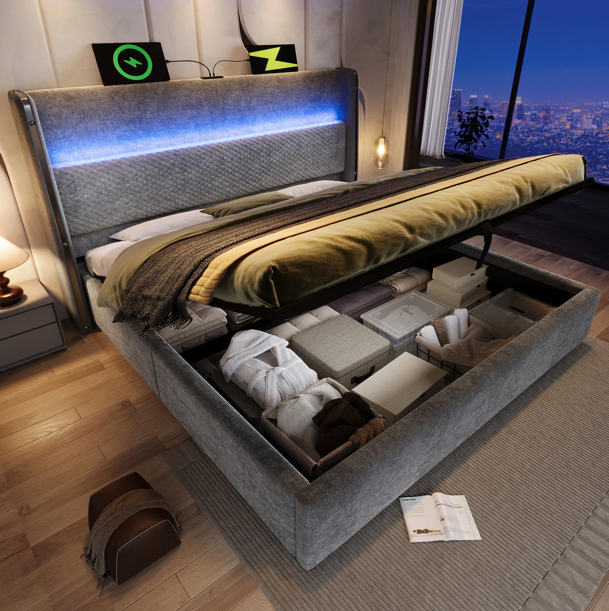 POLSTERBETT 160/200 cm mit Bettkasten, LED-Beleuchtung und USB/Type-C in Grau - Grau, Textil (160/200cm) - BEAOK