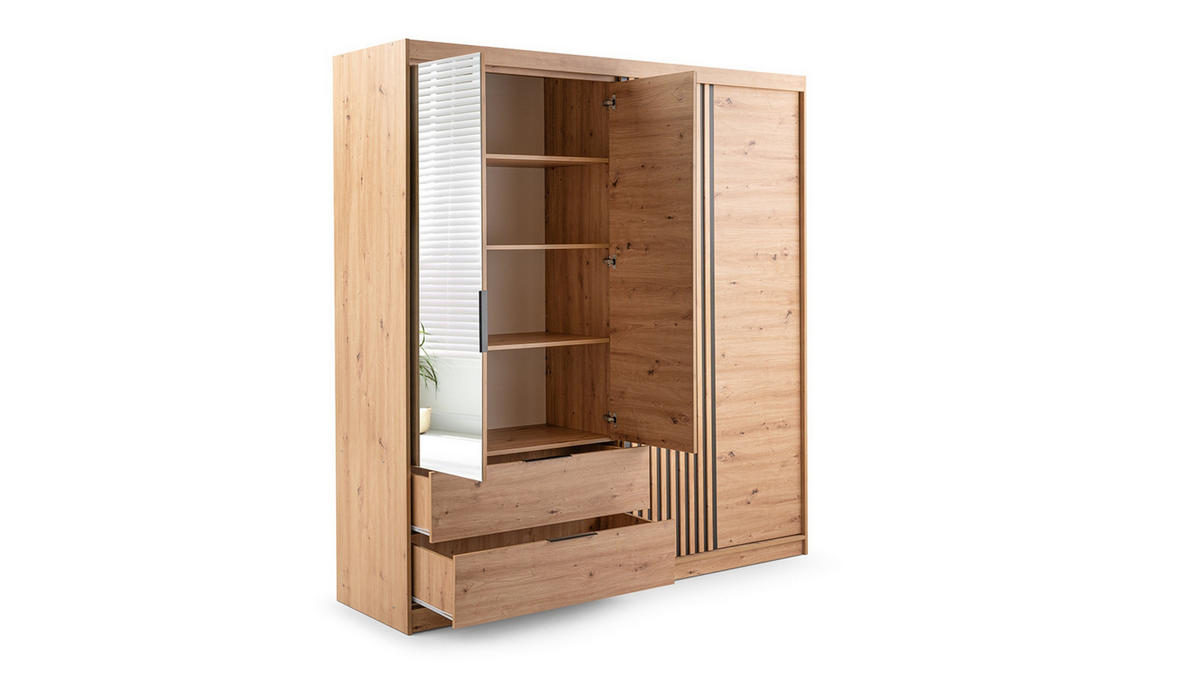 DREHTÜRENSCHRANK AKALI 203/213/60 cm 3-türig mit Spiegel Eiche Artisan - Eiche Artisan, Holzwerkstoff (203/213/60cm) - MASSENO