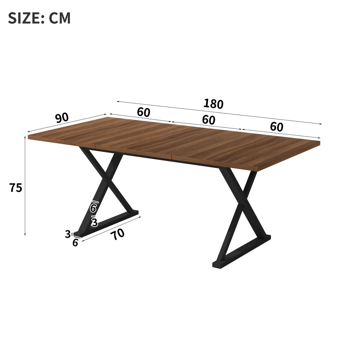 ESSTISCH aus MDF 180x90x75 cm Walnussfarbe mit X-förmigem Metallgestell für 6-8 Personen - Walnussfarben, Holzwerkstoff (180/90/75cm) - Modfu