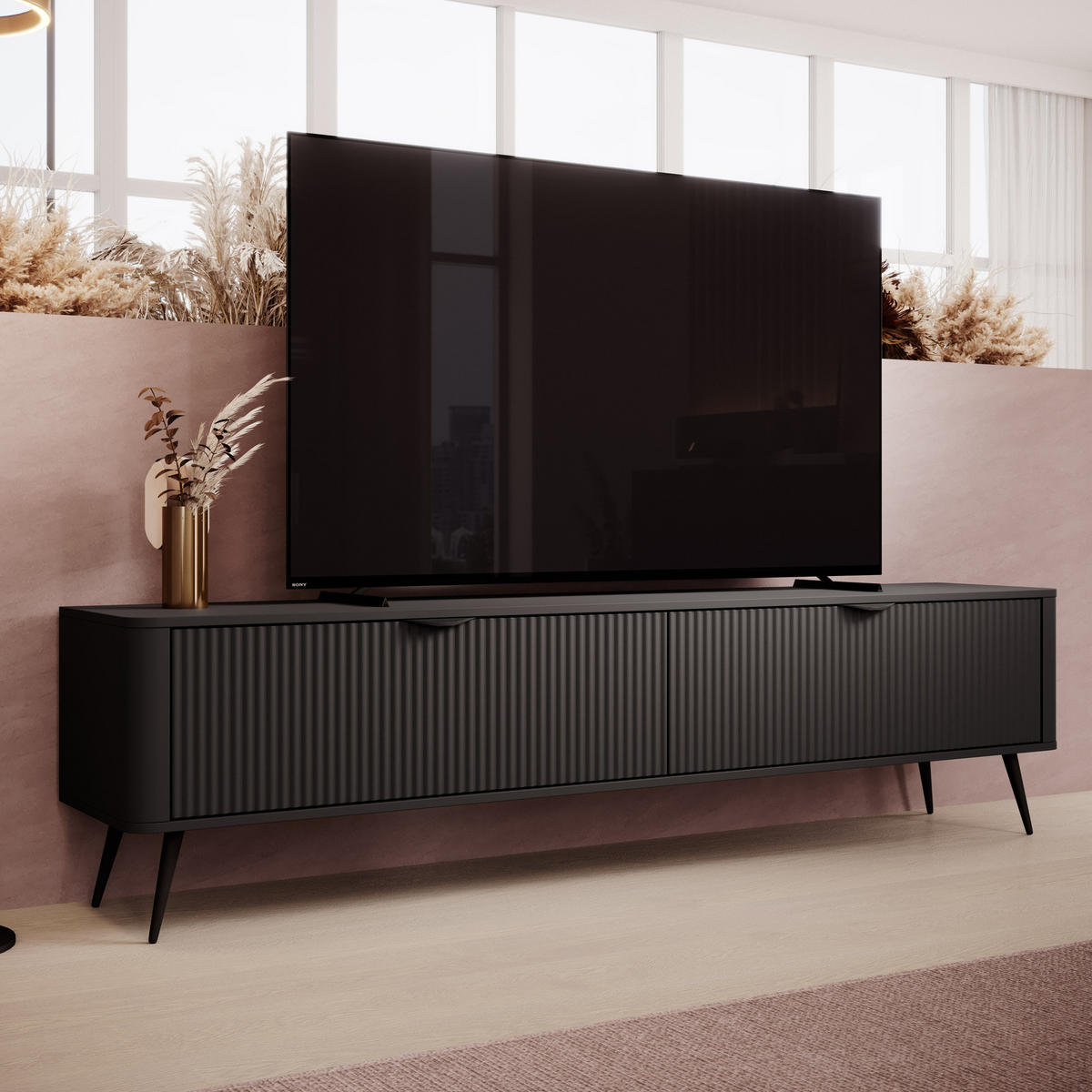 TV-LOWBOARD 200 cm Schwarz - mit geriffelten Fronten und 2 Klappen - Schwarz, Holz/Holzwerkstoff (200/51/38cm) - Ravio