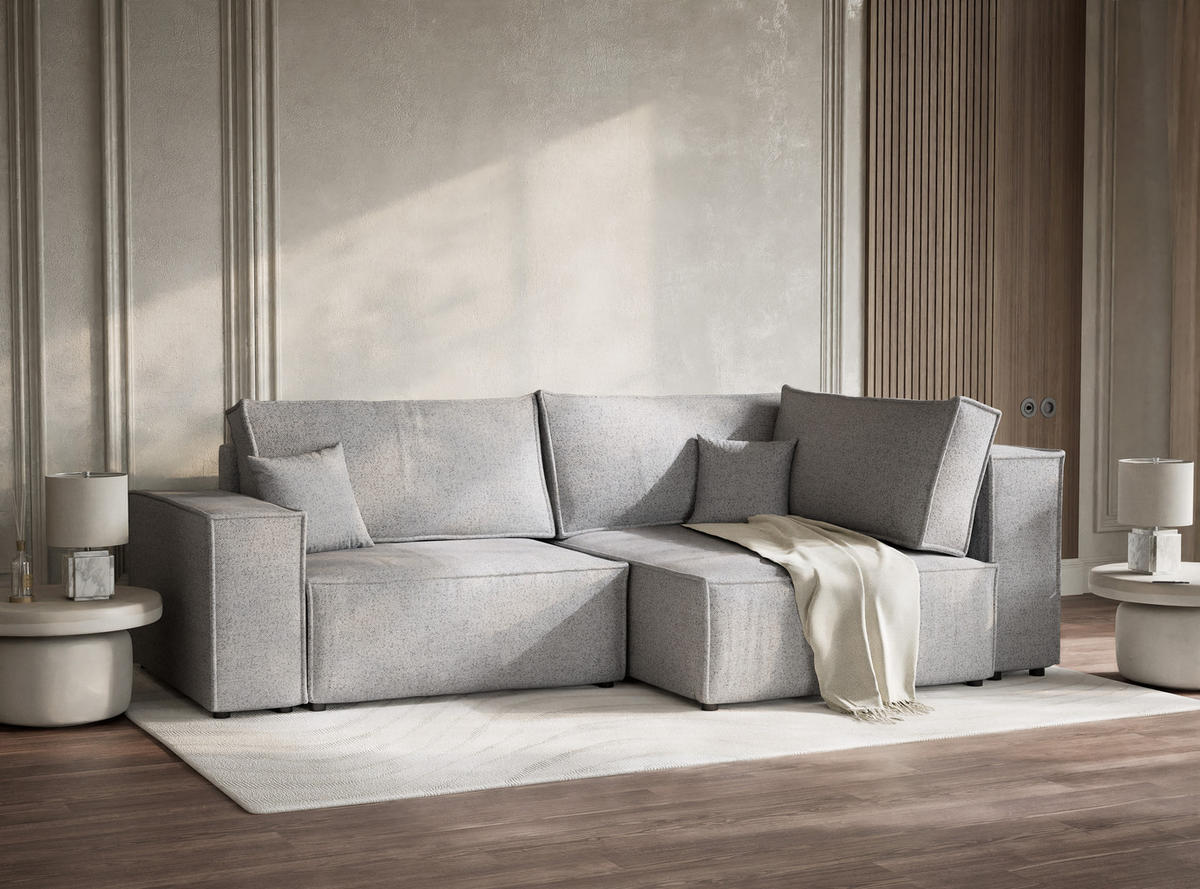 ECKSOFA MIT SCHLAFFUNKTION Tonga Hellgrau Webstoff - Hellgrau/Schwarz, Holz/Holzwerkstoff (255/105cm) - Maison de Reve