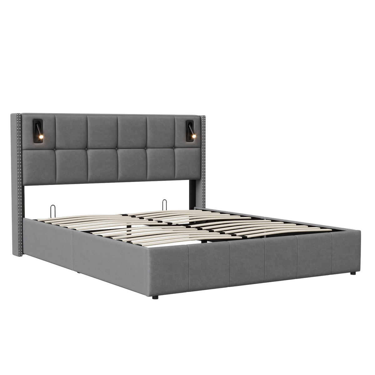 BETT mit Stauraum 140/200 cm, mit 2 zylindrischen LED-Lampen, Stauraum, USB-A/C-Aufladung, Holzlattenrost, Metallrahmen, gepolstertes Samtbett – Grey - Grau, Holzwerkstoff (140/200cm) - Brevoria