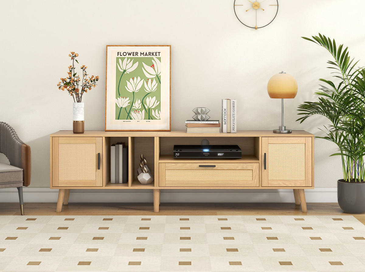TV-SCHRANK in Eiche-Optik mit Rattan-Front, 2 Türen und 1 Schublade 180/40/48 cm - Eichefarben, Holzwerkstoff (180/54/40cm) - Redom