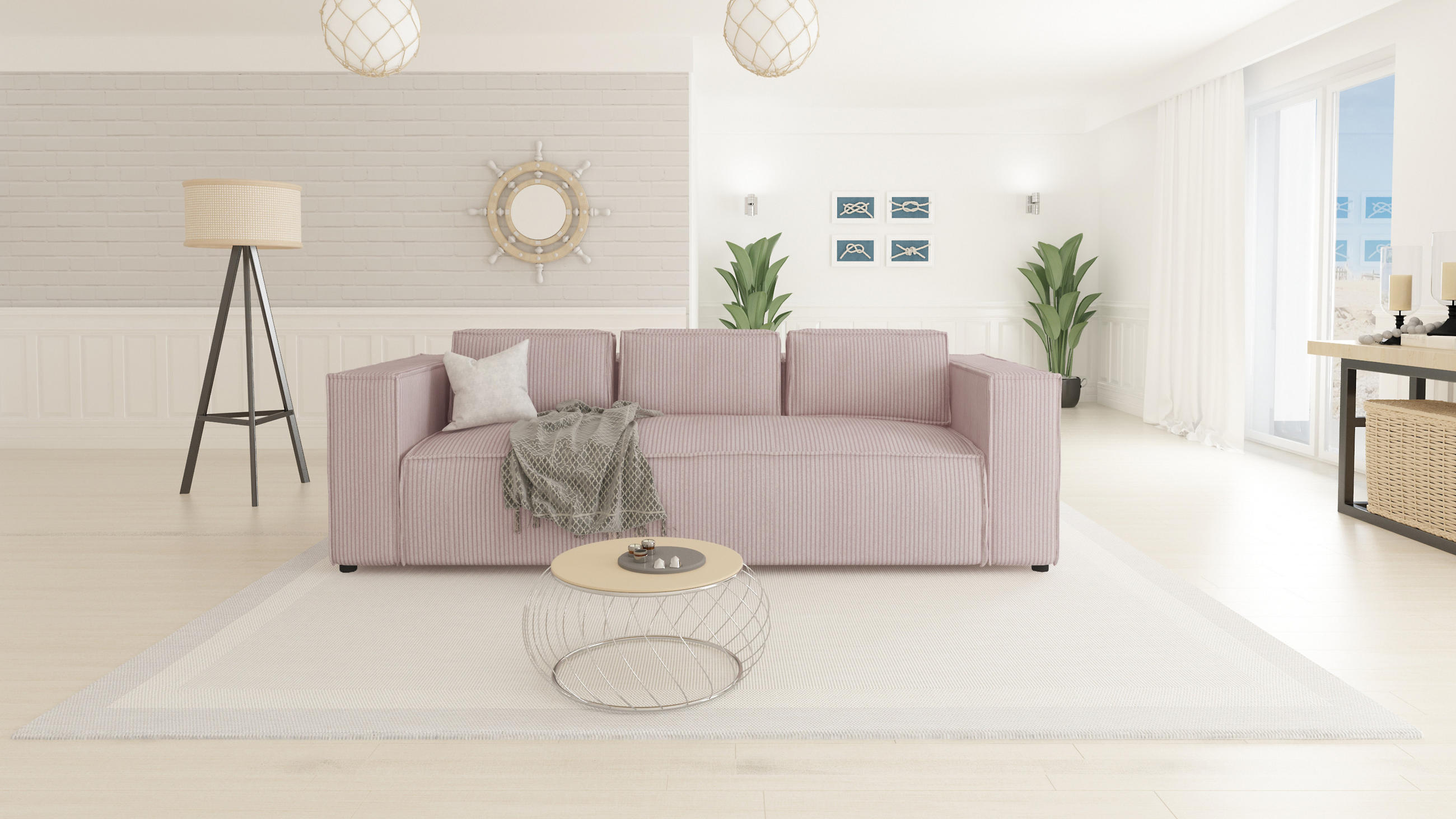 Thumbnail - S-Style Möbel 3-Sitzer-Sofa, Pink, Textil, Echtholz,Buche, Birke, Füllung: Polyetherschaumkern, 230x64x92 cm, Blauer Eng...