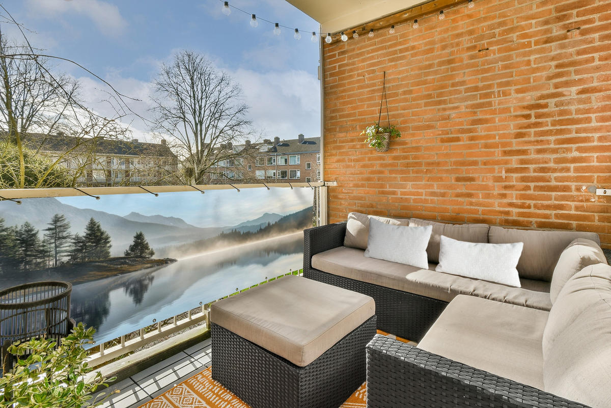 BALKON-SICHTSCHUTZ See - Nebel - Berge - Landschaft - Hellblau, Kunststoff (300/90cm) - MuchoWow