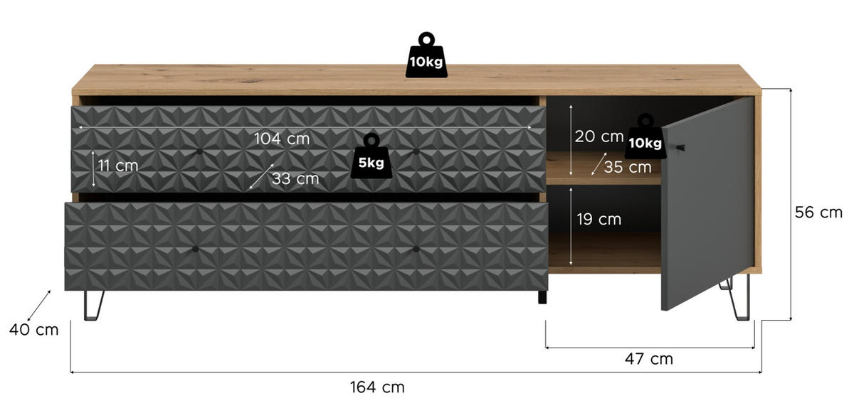 TV-LOWBOARD grau, Eiche Artisan 164 x 56 cm, TV Unterteil mit 3D-Struktur - Schwarz/Eiche Artisan, Holzwerkstoff/Kunststoff (164/56/40cm) - Inn.Furn