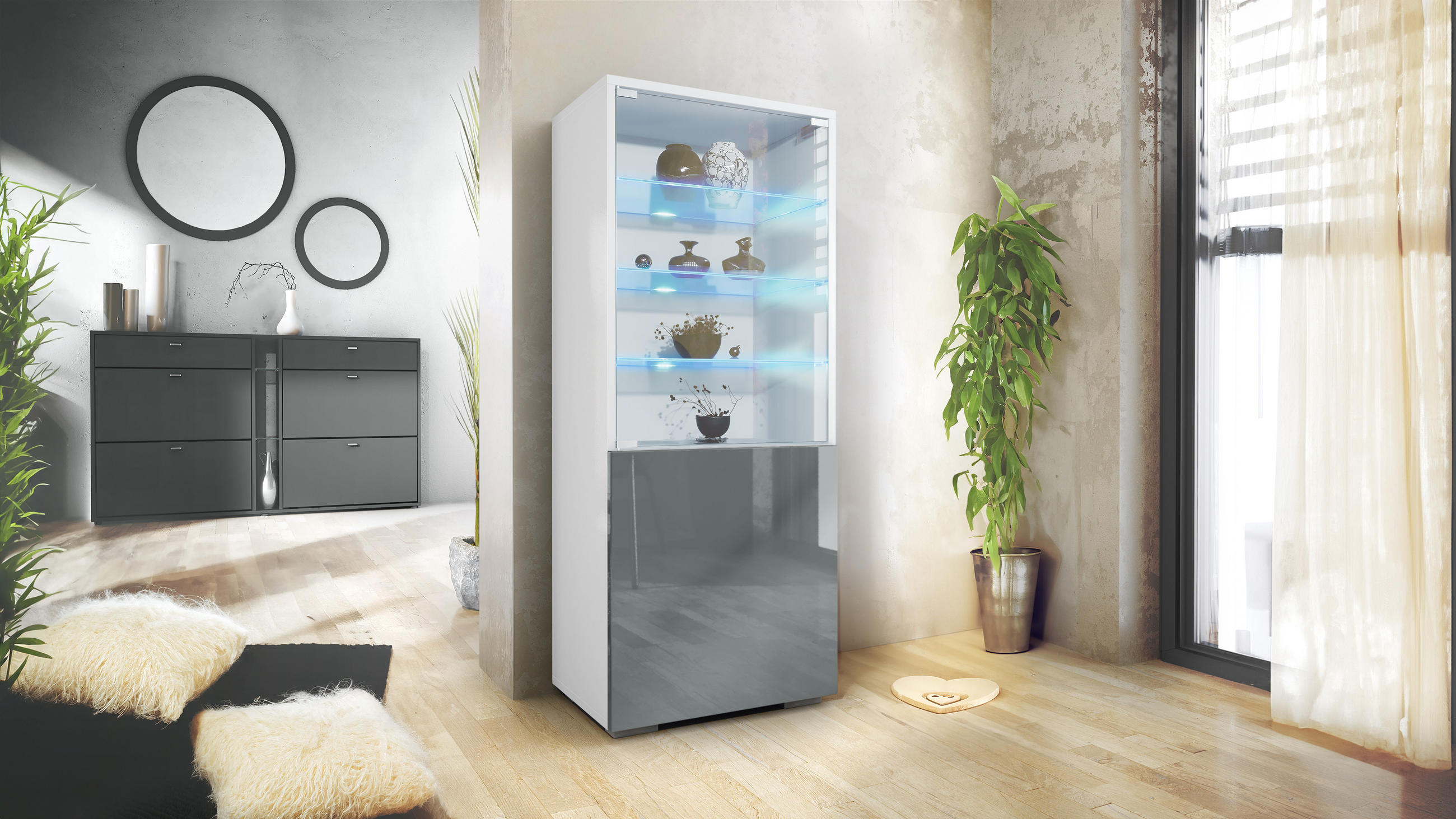 VITRINE Granada Grau Hochglanz - Grau, Holzwerkstoff (50/122.5/34.5cm) - Vladon