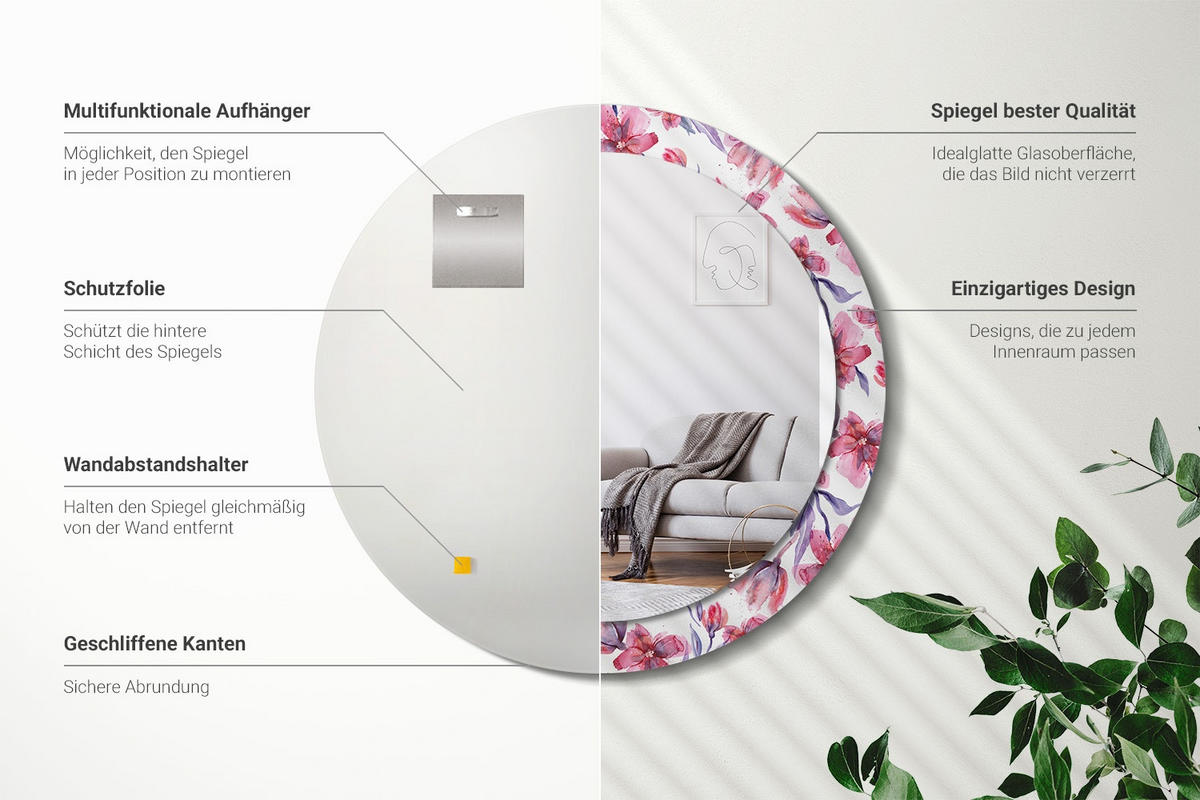 SPIEGEL Rund Ø 80 cm mit Aufdruck - Pink, Glas (80/80/0.4cm) - Wallfluent