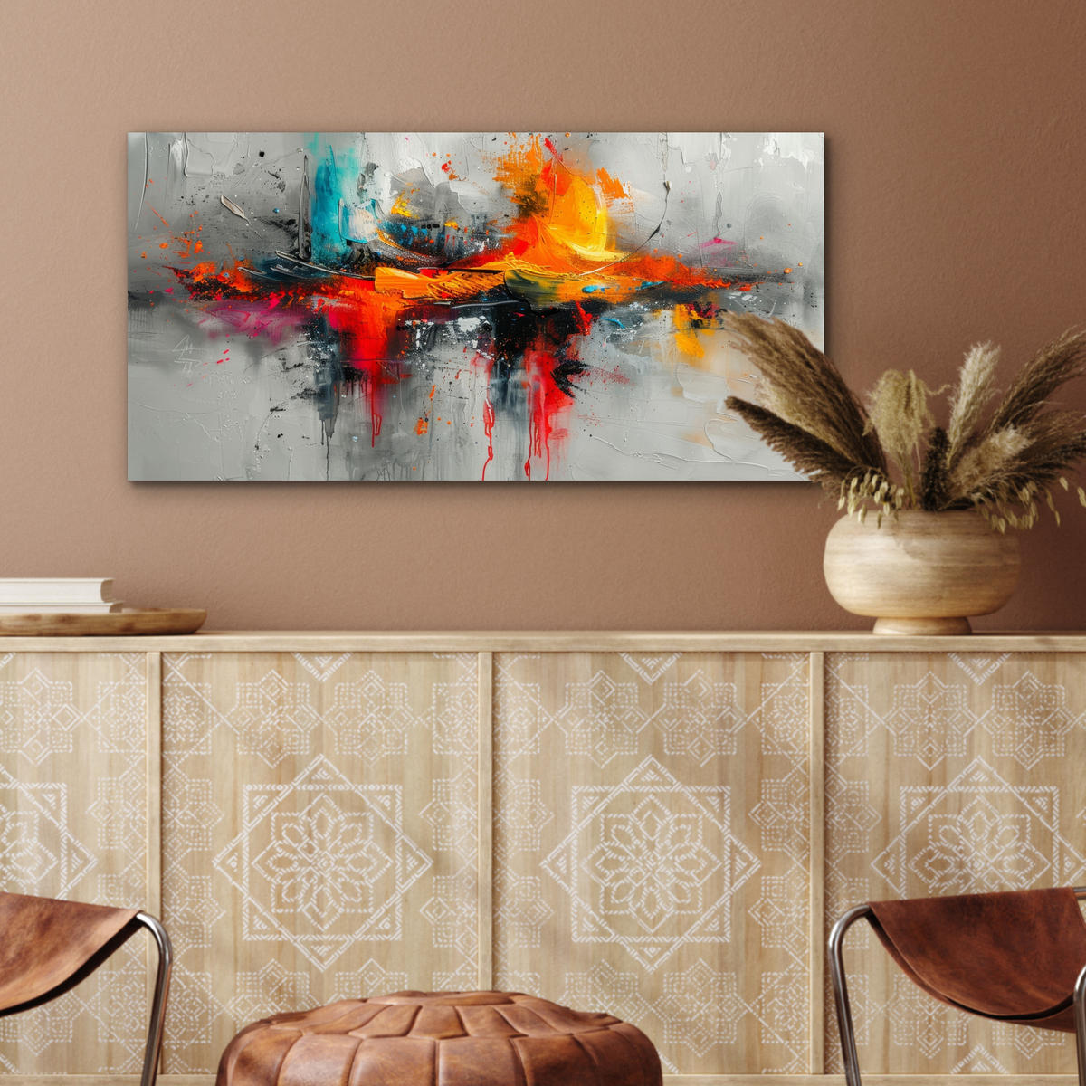KOVOVÝ OBRAZ Moderné umenie - Oranžová - Sivá - Abstraktné 80x40 cm - svetlosivá, kov (80/40cm) - MuchoWow