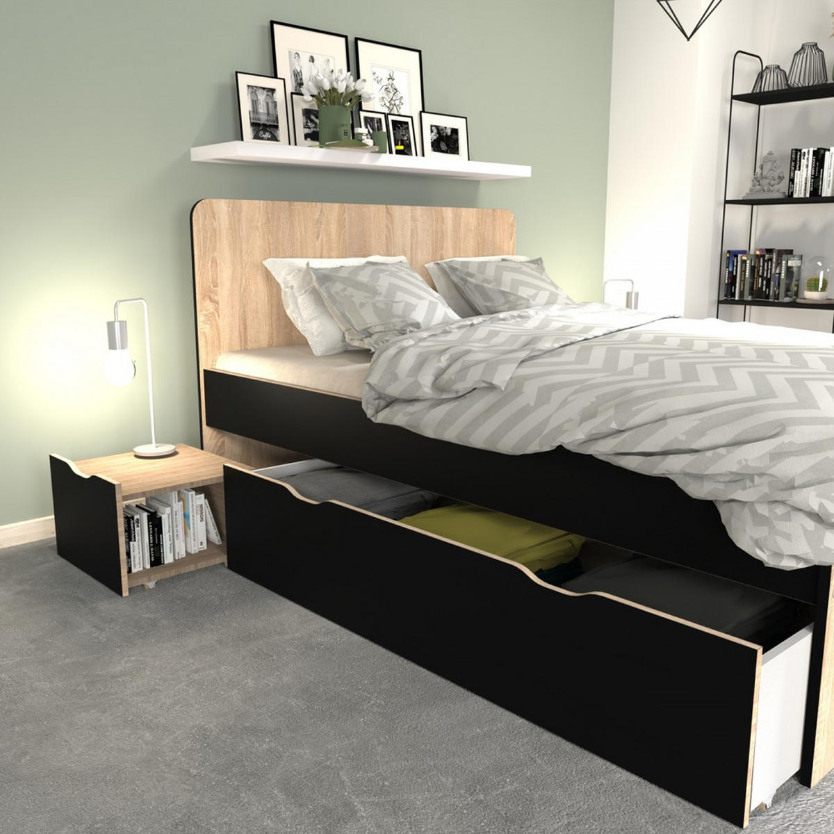 DOPPELBETT ZENIA / Bett 140x190 + 2 Konsolen + 2 Schubladen - Eiche gebleicht & schwarz - Schwarz, Holzwerkstoff (140/190cm) - Weber Industries