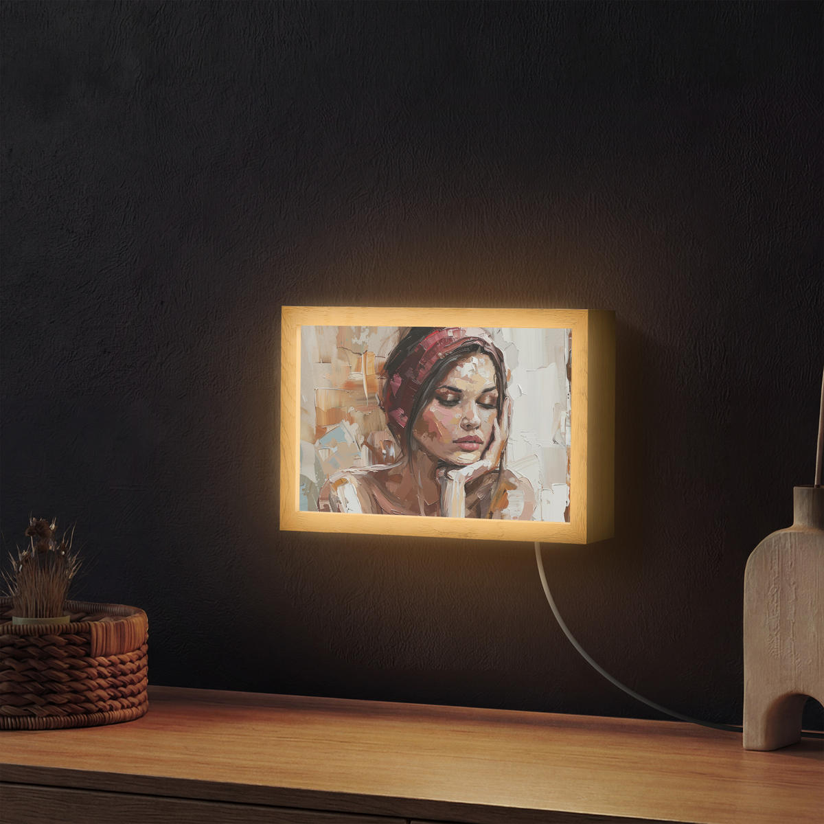 NÁSTĚNNÁ LAMPA Žena - vzhled malby - portrét - moderní 30x20 cm - hnědá, kompozitní dřevo (30/20/8cm) - OnlyWow