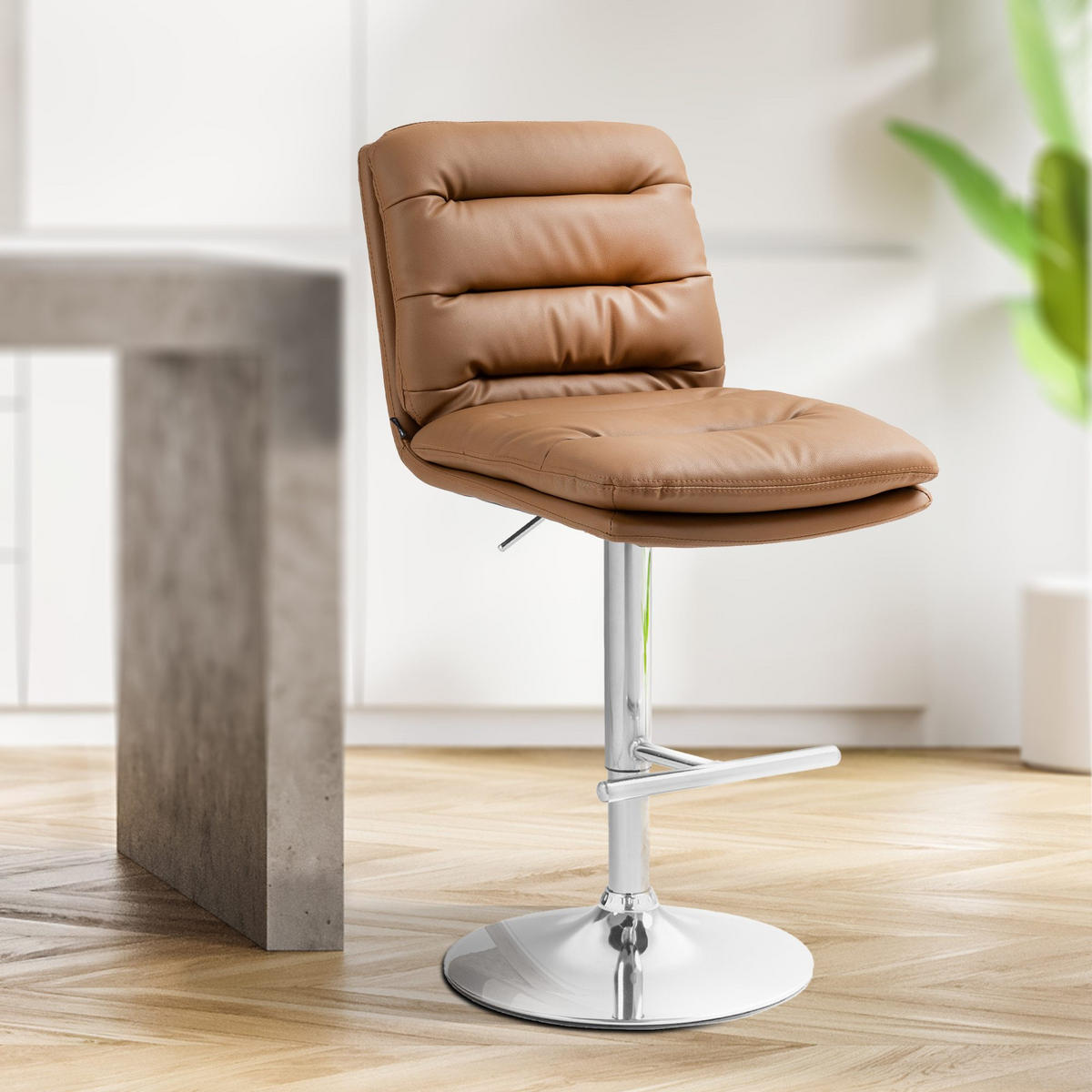 BARHOCKER TURIN Hellbraun Kunstleder Chrom - Hellbraun, Leder/Metall (42/94/56cm) - DELUKE