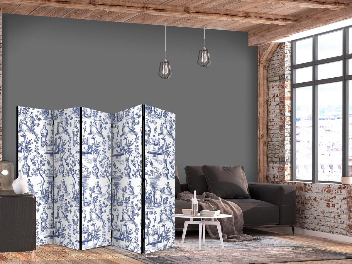 PARAVENT Beidseitig Bedruckter 5-tlg 225x172 cm Pflanzen Blumen - Blau, Holz/Textil (225/172/3cm) - Muralo