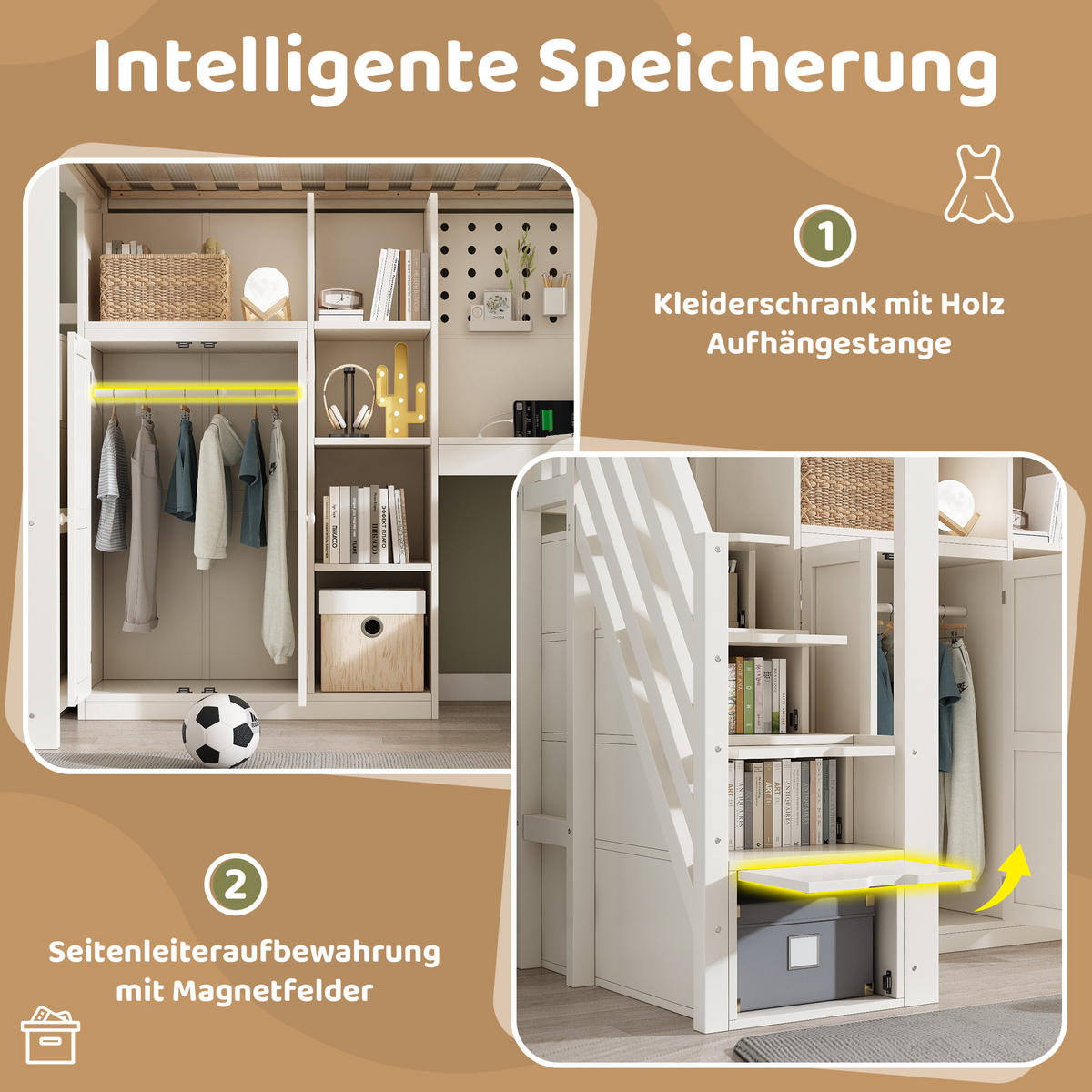HOCHBETT 90/200 cm aus Holz mit Schreibtisch, Leiterschrank, Kleiderschrank und USB/Typ-C, Weiß - Weiß, Holzwerkstoff (90/200cm) - Redom