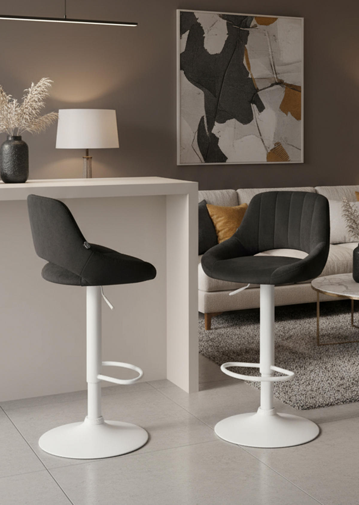 BARHOCKER Milos Samt weiß schwarz - Schwarz/Weiß, Textil/Metall (47/106/48cm) - TPFLiving
