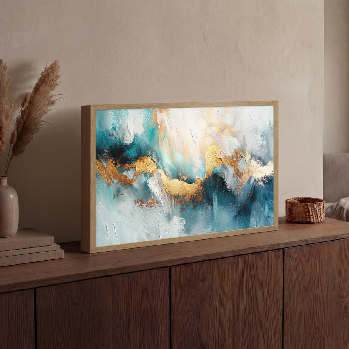 NÁSTĚNNÁ LAMPA S AKUMULÁTOREM Abstraktní - umění - zlatá - modrá 60x40 cm - tyrkysová, kompozitní dřevo (60/40/8cm) - OnlyWow