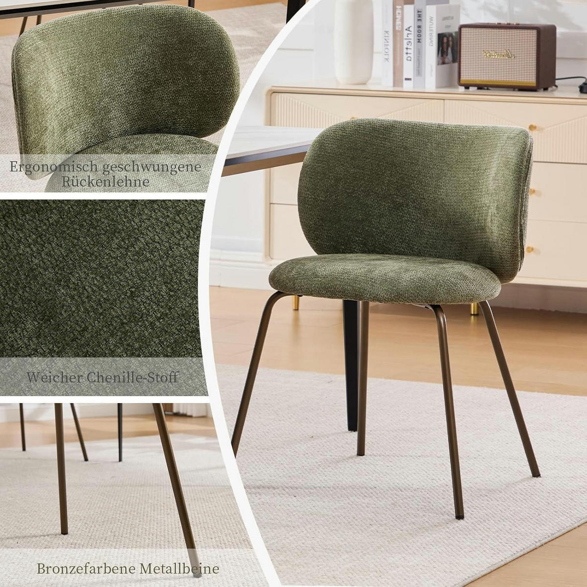 ESSZIMMERSTÜHLE 4er Set aus Chenille mit Metallbeinen, oliv - Olivgrün, Textil (52/80/46.5cm)