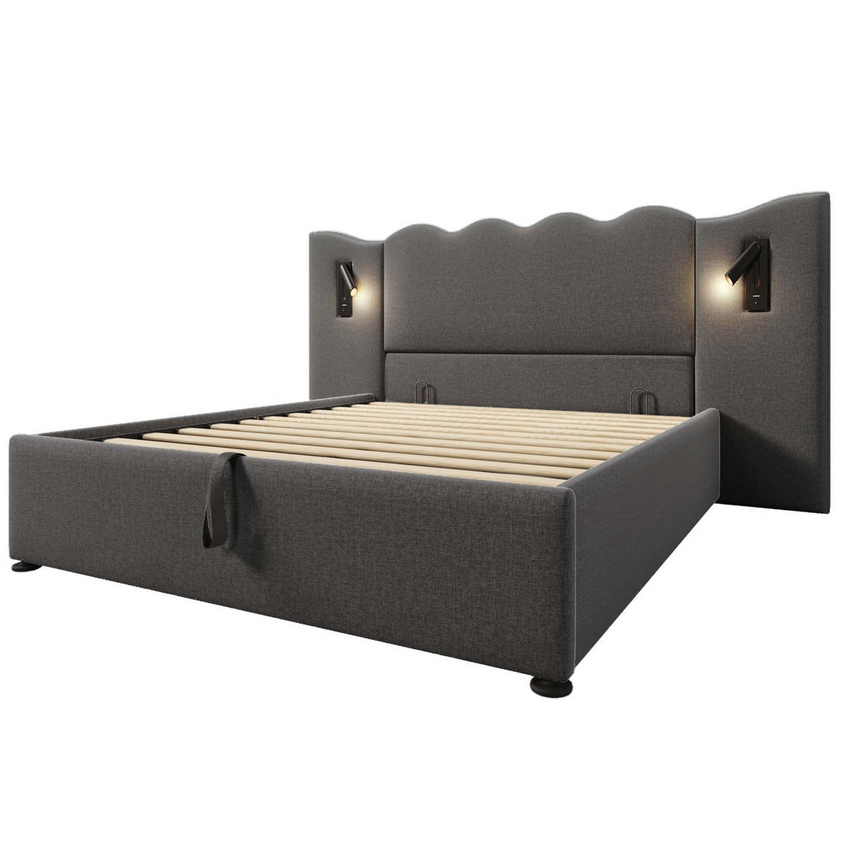 POLSTERBETT 160/200 cm Grau aus Leinen mit Matratze, Stauraum, Leselampe und USB-C - Grau, Textil (160/200cm) - OKMYHOME