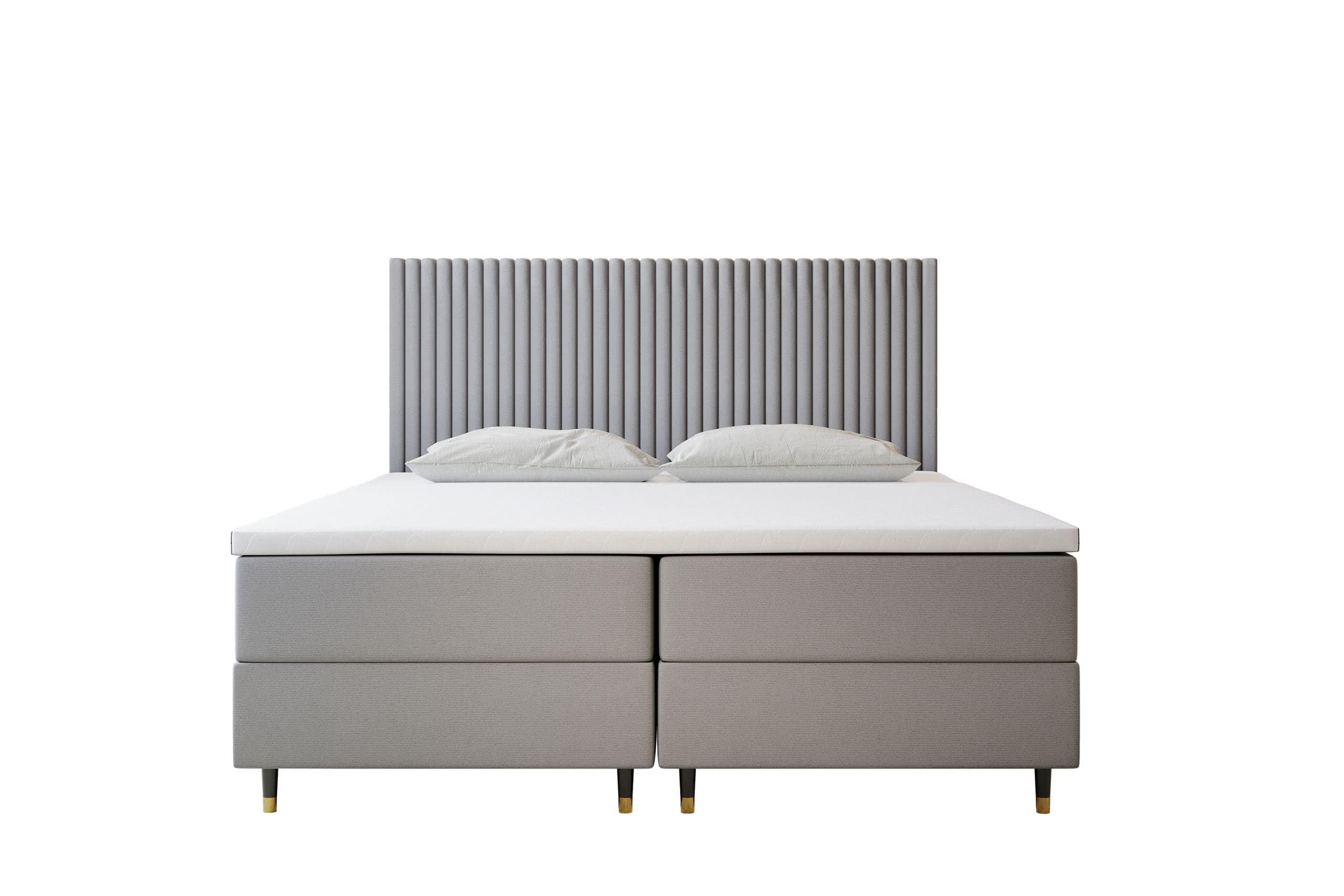BOXBETT 160 x 200 cm mit Taschenmatratze ESTEPONA, Bettkästen mit Gasdruckfedern, Elegants gepolsterte Kopfstütze und Topper, Grau - Grau, Holz/Textil (160/200cm) - Trada
