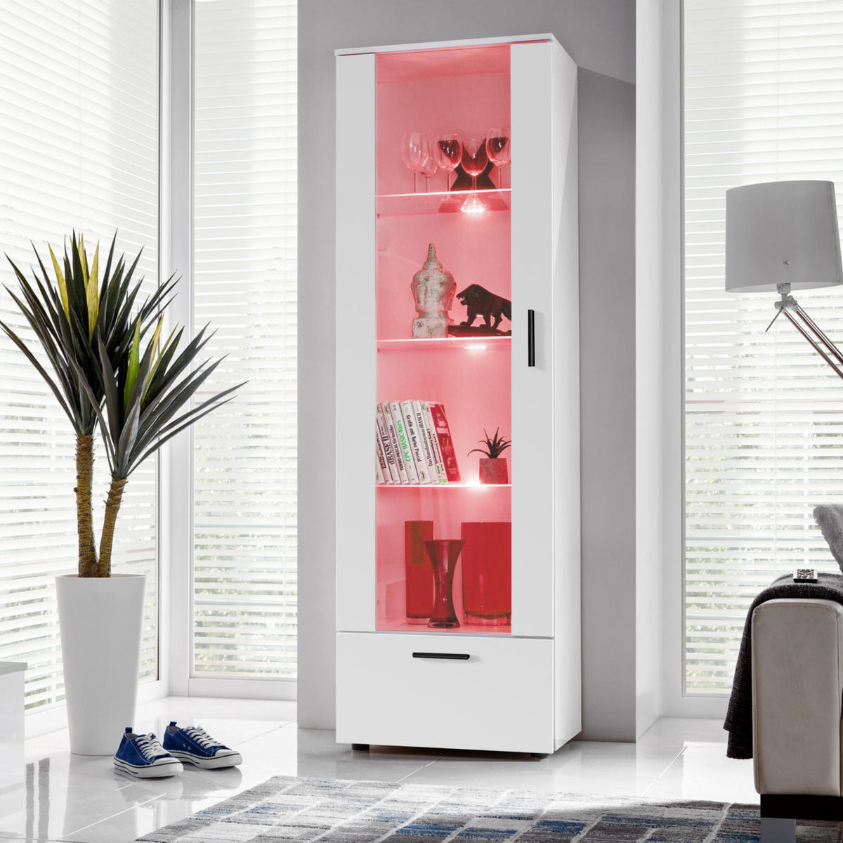 VITRINE ALESSANDRIA, Weiss, LED Mehrfarbige - Schwarz/Weiß, Glas/Holzwerkstoff (60/192/42cm) - Komodee