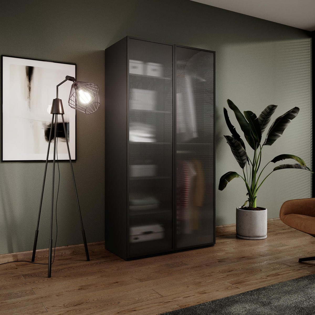KLEIDERSCHRANK ZEN (Modular, Schwarz Matt, Geriffeltes Glas Flutes, 2-türig) - Schwarz, Holz/Holzwerkstoff (101/200/51cm) - Ravio