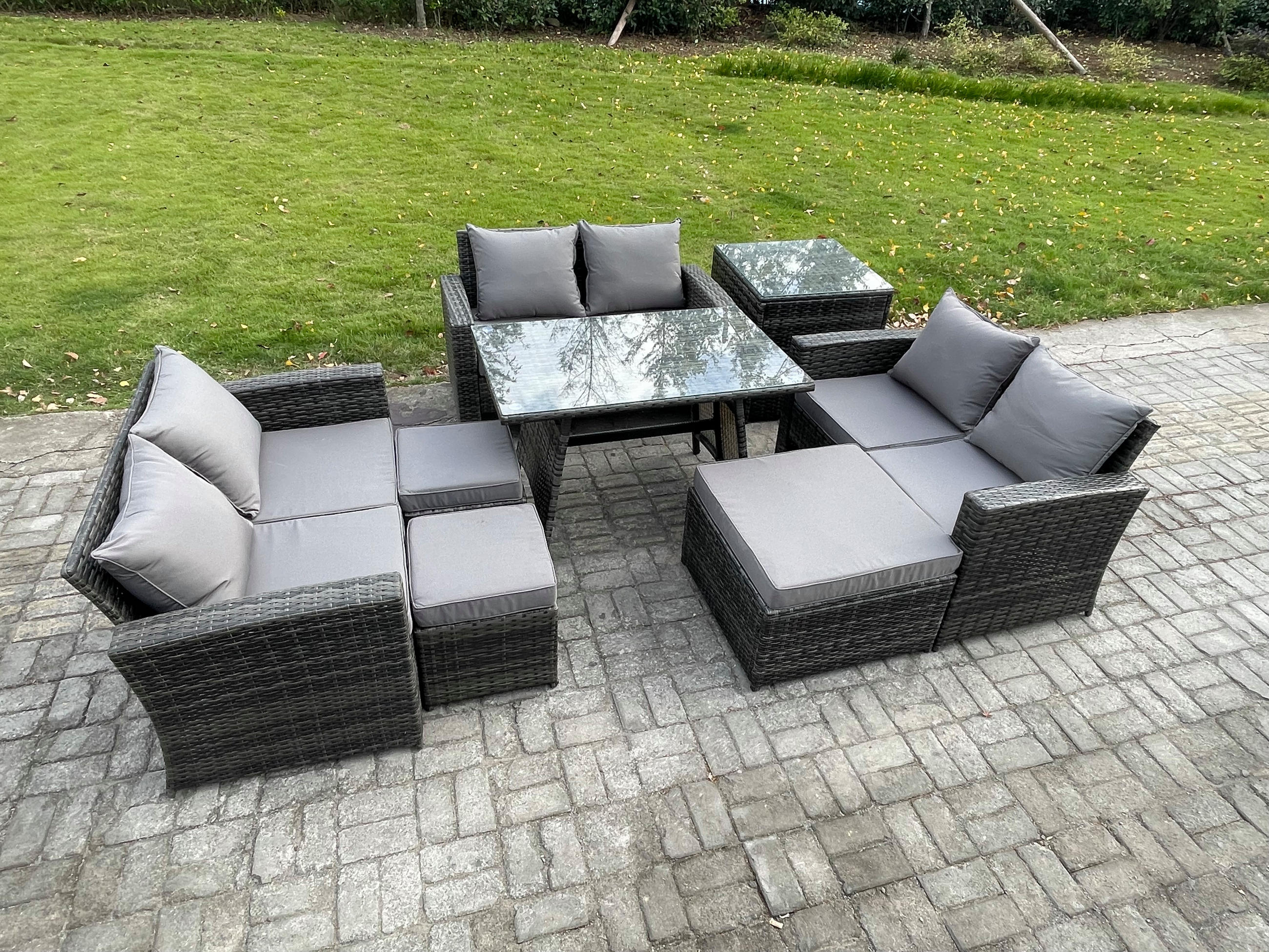GARTENMÖBELSET mit ESSTISCH,HOCHLEHNER-SOFA Polyrattan Dunkelgrauer Mix 9-Sitzer - Dunkelgrau/Grau, Glas/Kunststoff - Fimous