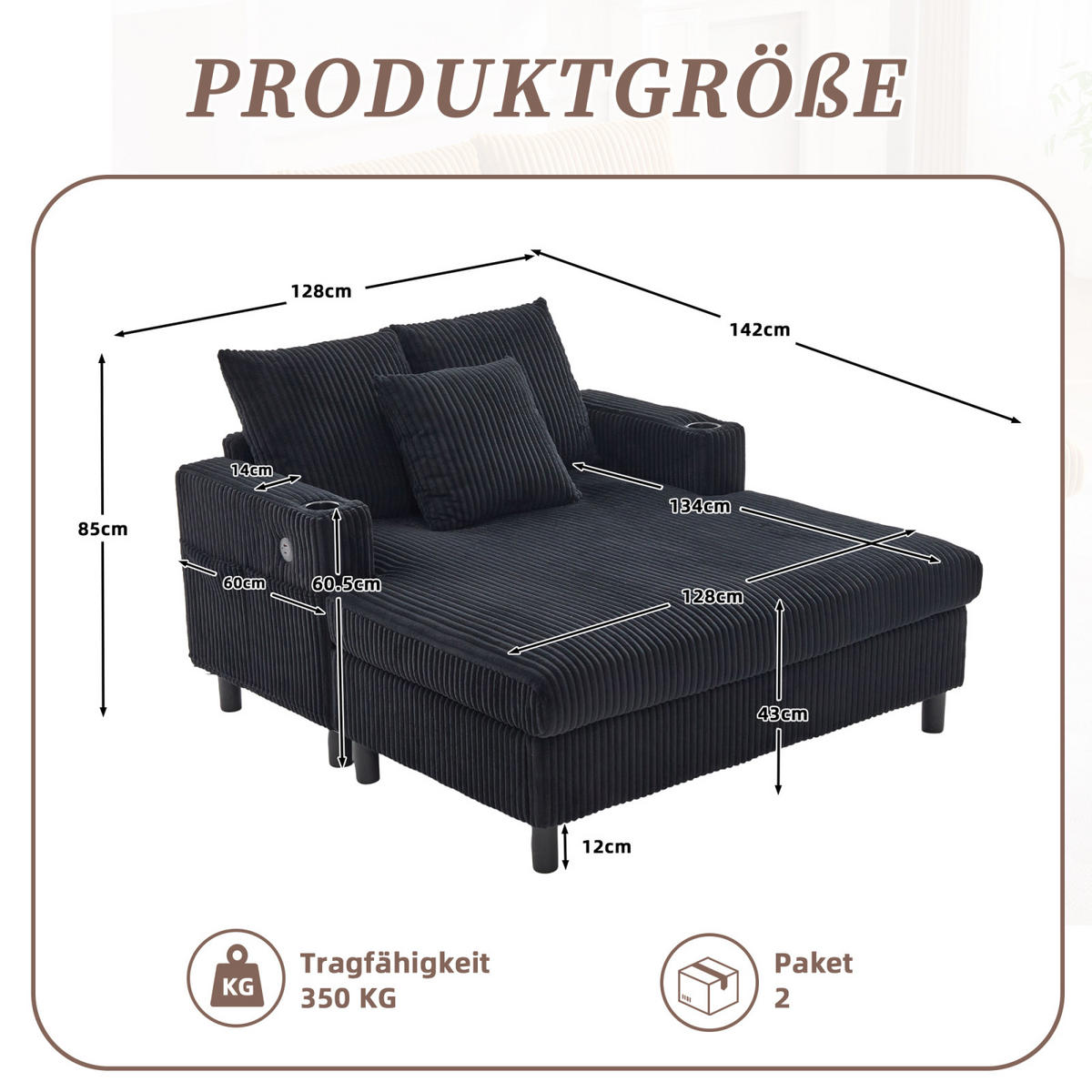 SCHLAFSOFA,SCHLAFCOUCH Schwarz, Cordbezug mit LED USB Anschluss Getränkehalter - Schwarz, Textil (142/85/128cm) - PARAFTA HOME