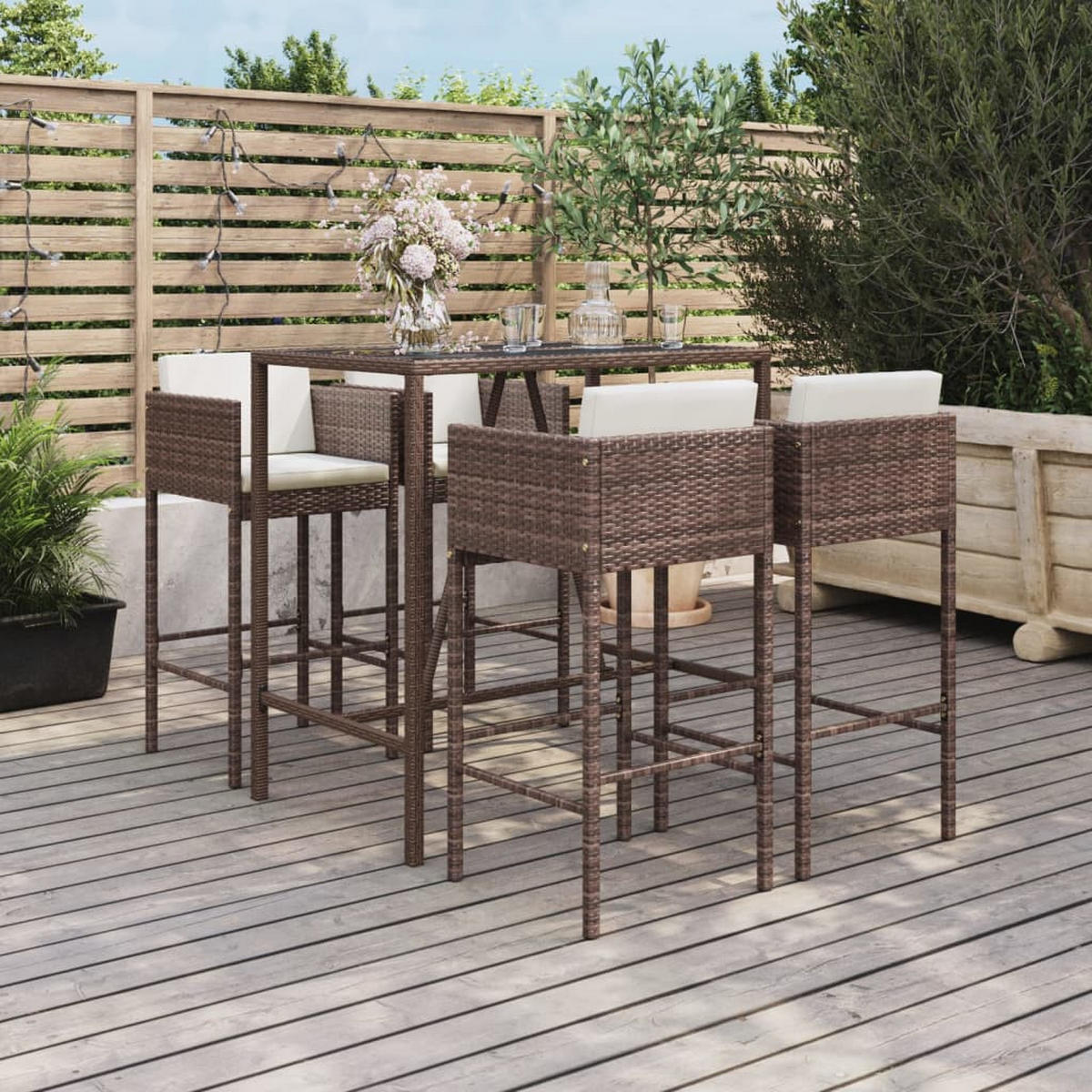GARTENBAR-SET 5-teilig Mit Kissen Braun Poly Rattan - Braun, Kunststoff - vidaXL