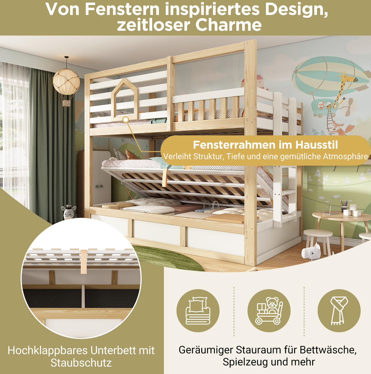 ETAGENBETT 90/200 cm, Weiß/Eichefarben mit Hydraulik-Stauraum, ohne Matratze - Weiß, Holz (90/200cm) - MIVRAY