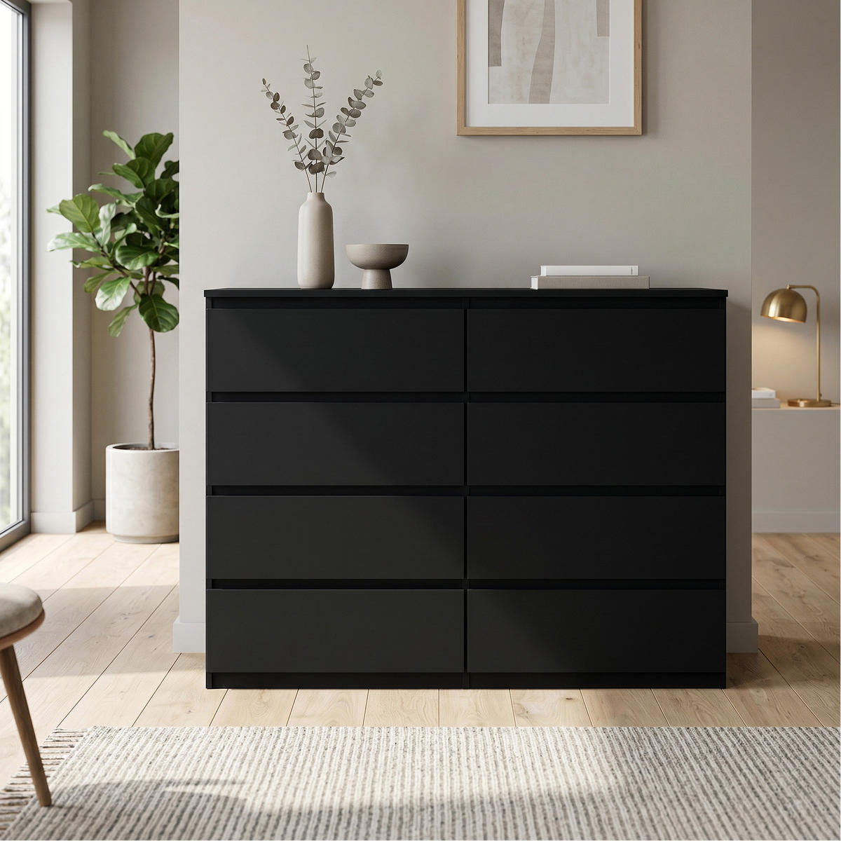 KOMMODE NUDO 138,5/101,5/39cm mit 8 Schubladen Türen Schwarz - Schwarz, Holzwerkstoff (138.5/101.5/39cm) - MASSENO