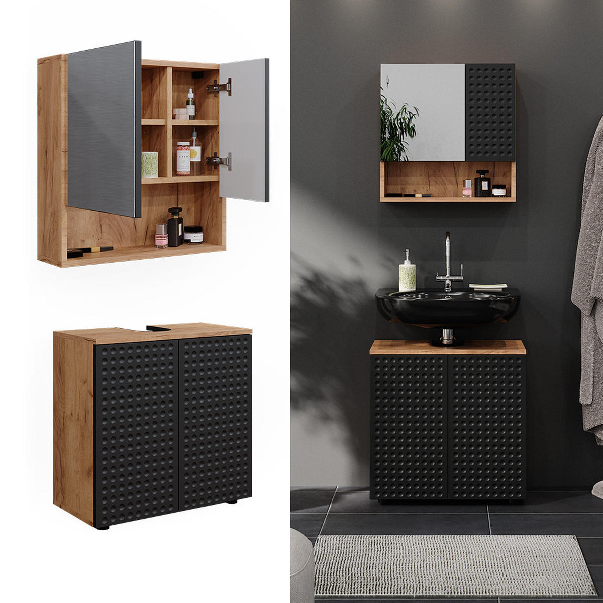 SADA NÁBYTKU DO KOUPELNY Irma Tečkovaná antracitová - antracitová, kompozitní dřevo (80/58.6/41cm) - Vicco