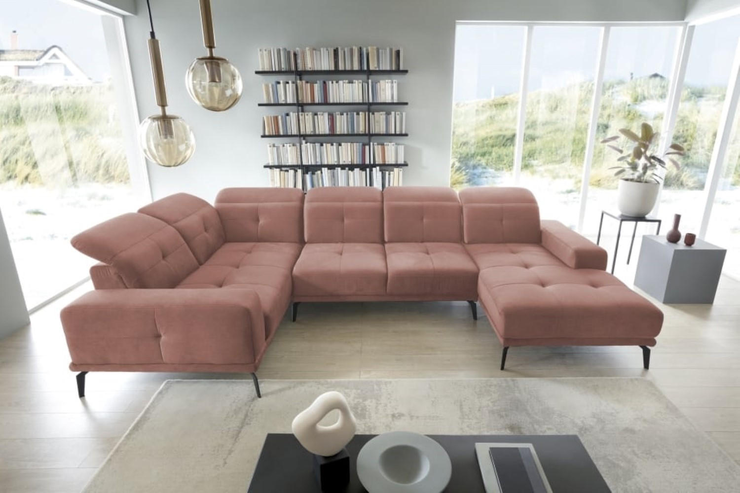 WOHNLANDSCHAFT mit Sitztiefenverstellung, wasserabweisender Nube-Stoff der Spitzenklasse - Schwarz/Rosa, Textil/Metall (350/77/210cm) - Eltap