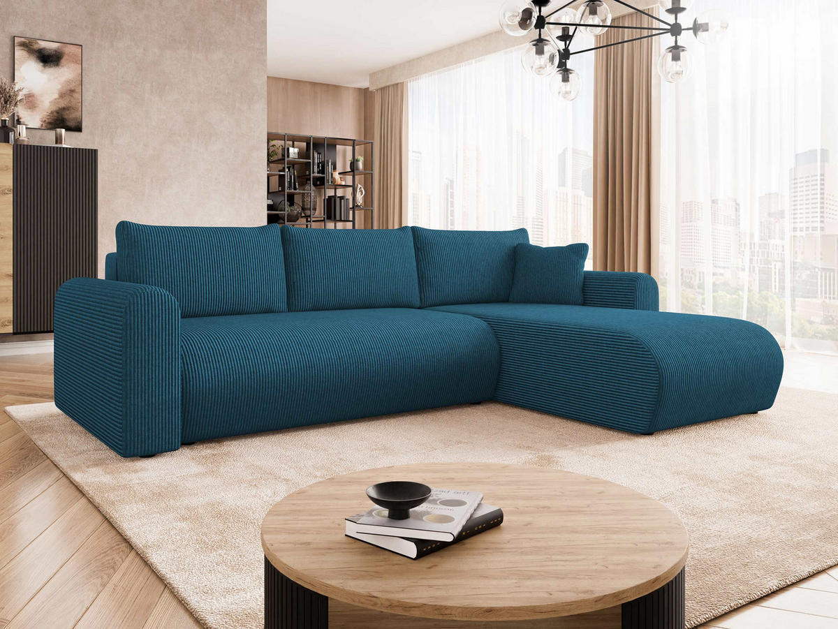 ECKSOFA Eliwo Cord - Blau/Schwarz, Holz/Textil (252/158cm) - MIRJAN24